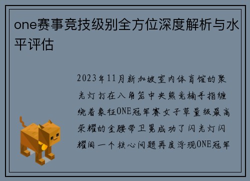 one赛事竞技级别全方位深度解析与水平评估